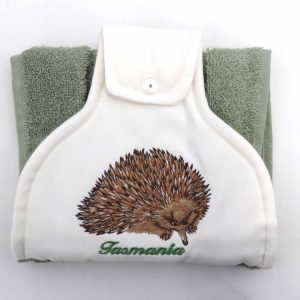 echidna hand towel showing embroidery detail text reads tasmania