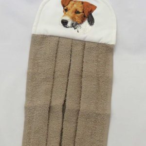 embroidered fox terrier hand towel with light brown towel