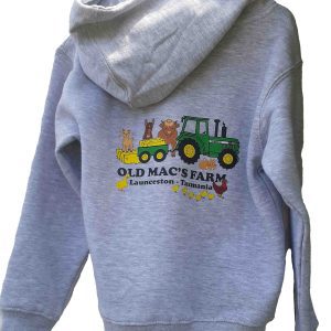 grey hoodie with old mac's farm print on it - sarah prince design