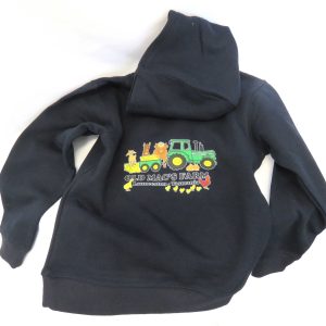 dark blue hoodie with old mac's farm logo on it - sarah prince design