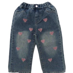 blue sweetheart denim jeans covered in embroidered pink love hearts front view