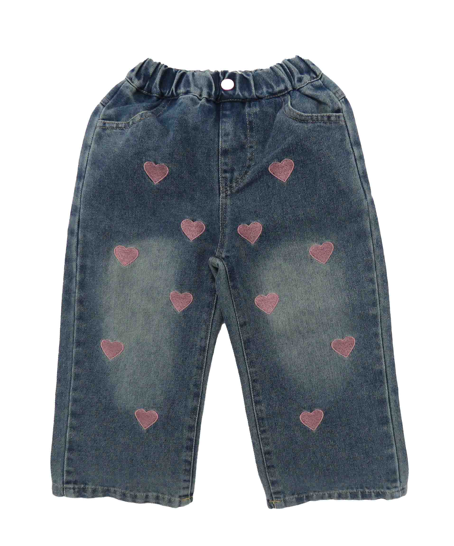 blue sweetheart denim jeans covered in embroidered pink love hearts front view