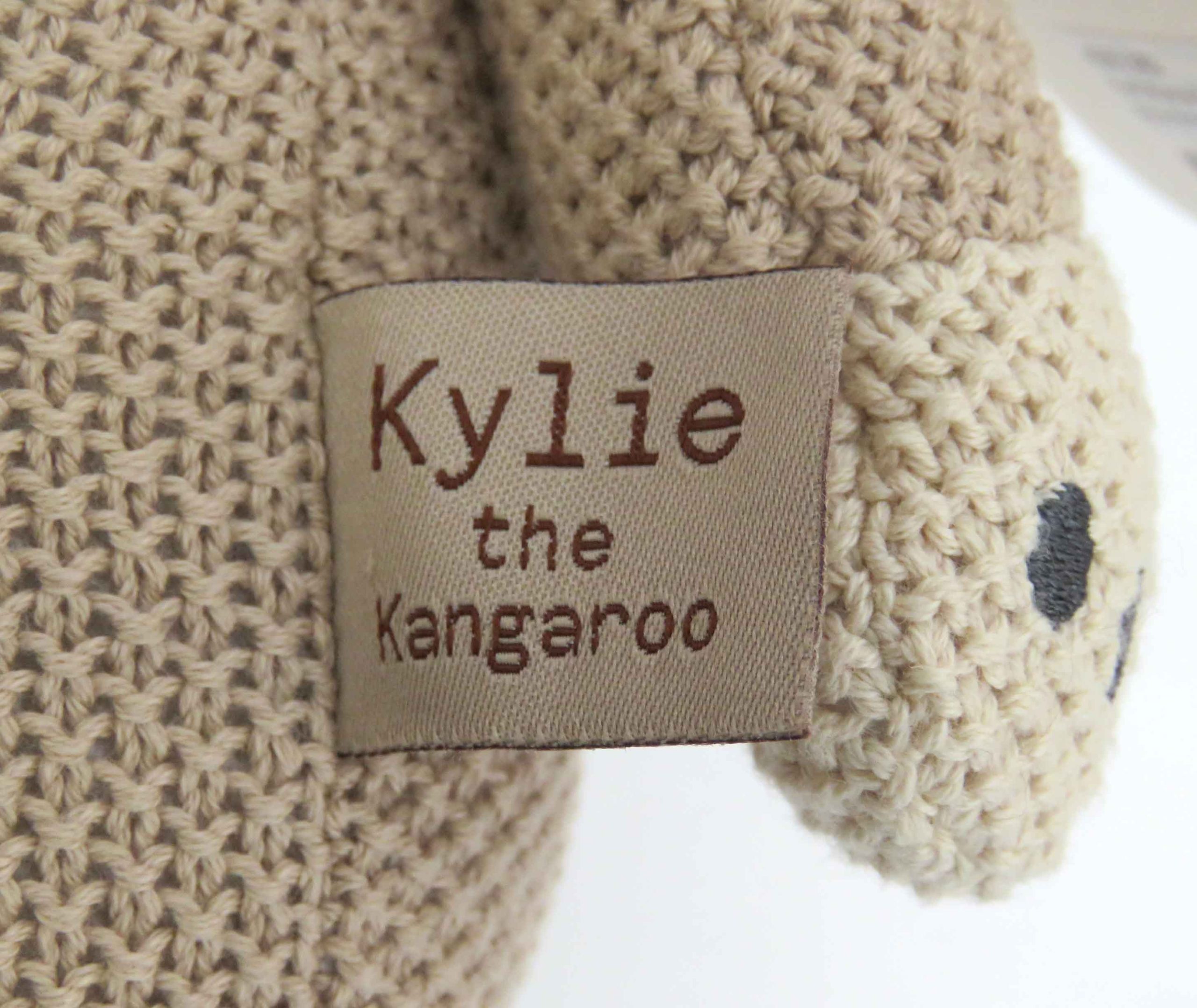 knitted toy kylie the kangaroo - name tag