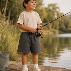 boy wearing kids on trend long grey cotton shorts