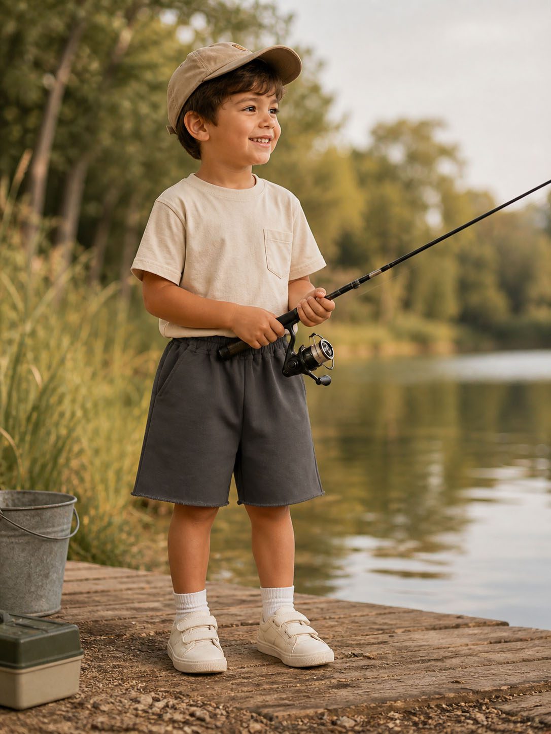 boy wearing kids on trend long grey cotton shorts