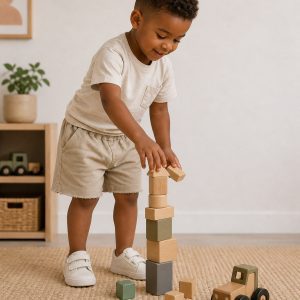 boy wearing kids on trend long oatmeal coloured cotton shorts