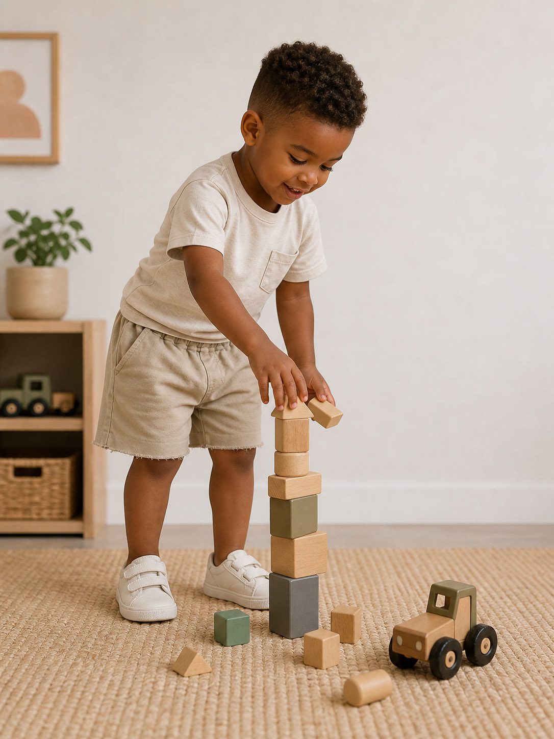 boy wearing kids on trend long oatmeal coloured cotton shorts