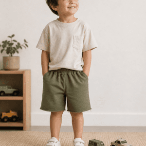 boy wearing kids on trend long green cotton shorts