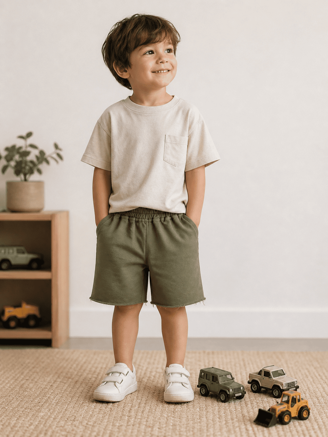 boy wearing kids on trend long green cotton shorts