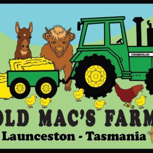 Magnet featuring cartoon style old mac's tractor and animals