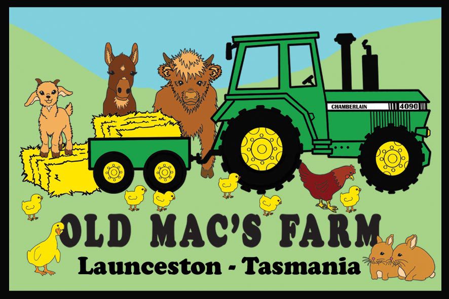 Magnet featuring cartoon style old mac's tractor and animals