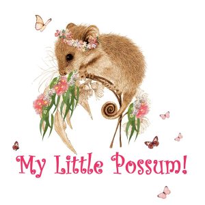 tshirt print in pinks - pygmy possum in some gum leaves - text reads my little possum!