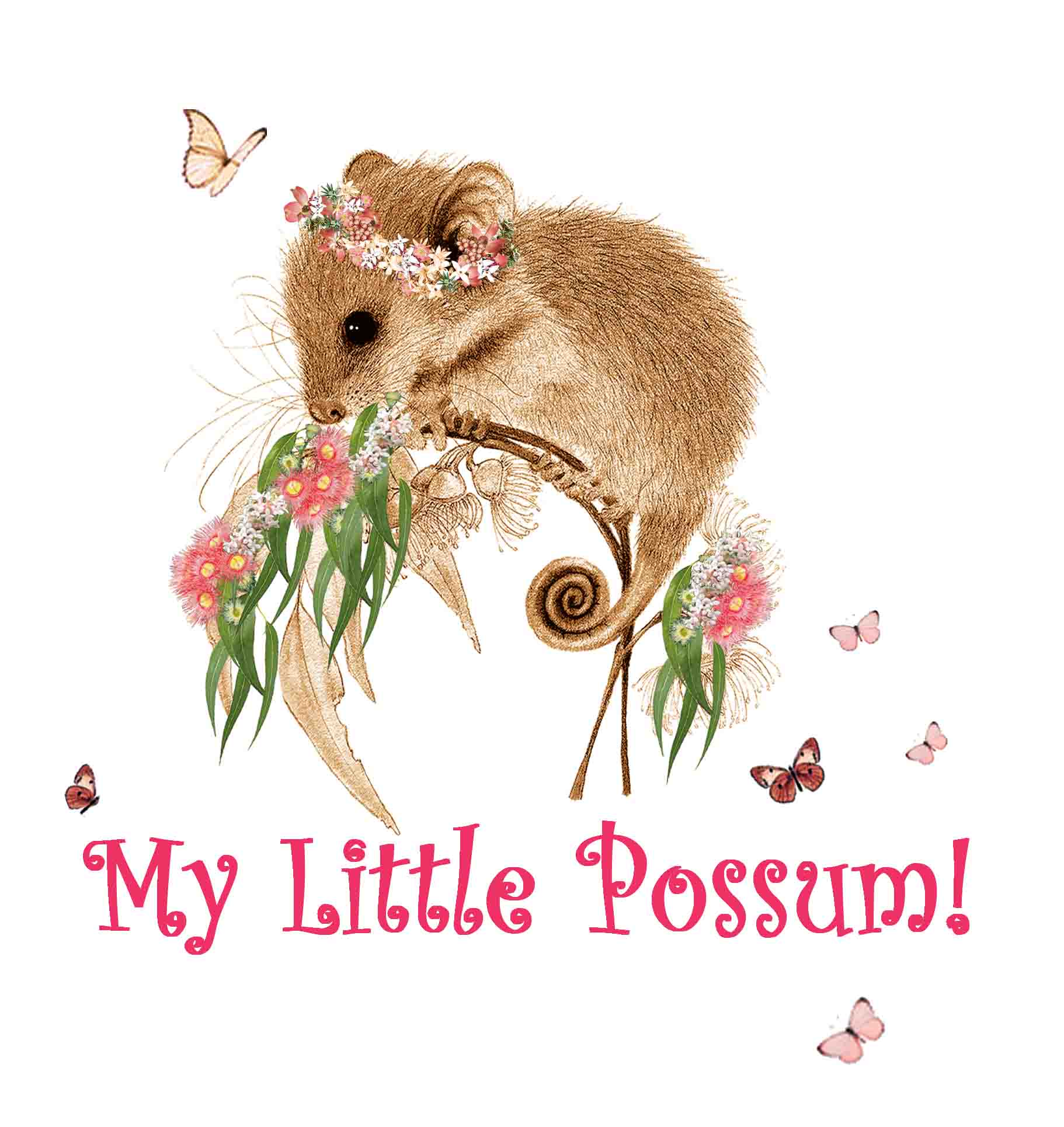 tshirt print in pinks - pygmy possum in some gum leaves - text reads my little possum!