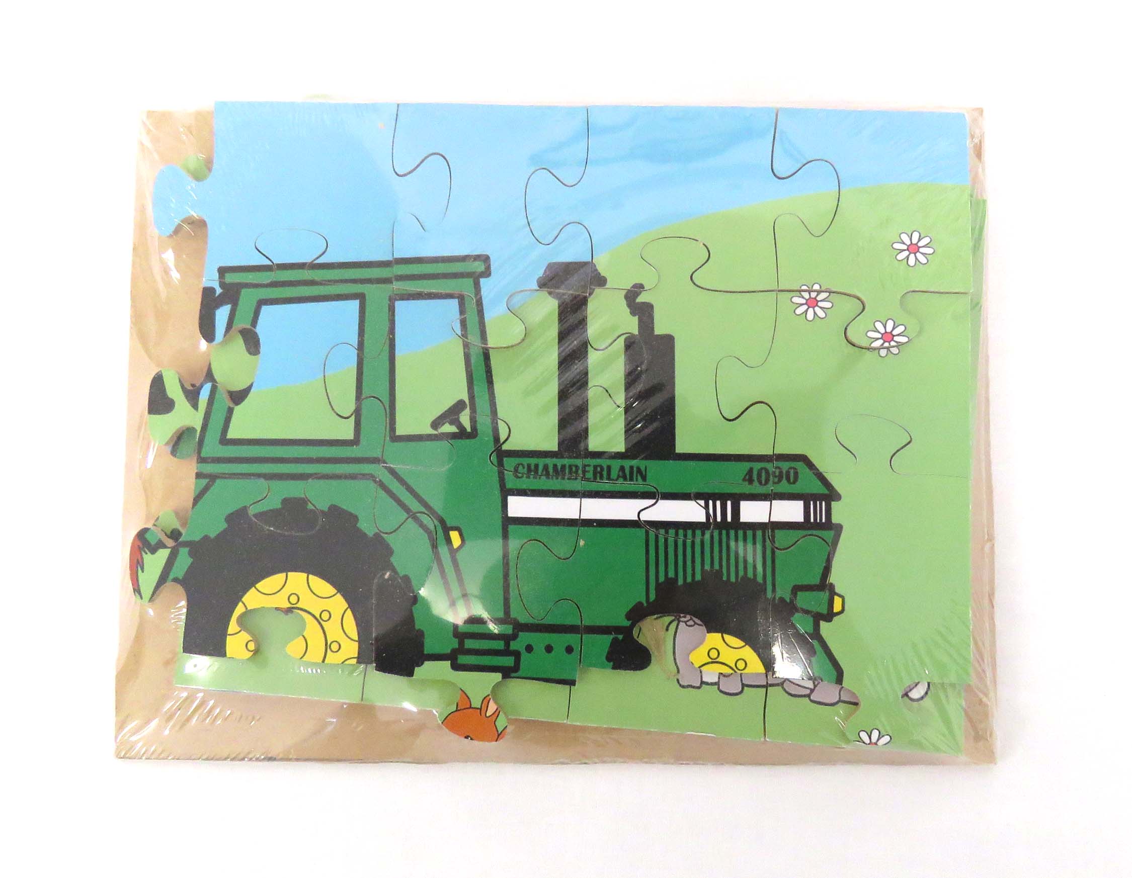old macs puzzle featuring old macs logo of cartoon style tractor and animals close up of 48 pieces