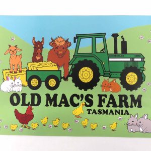 old macs puzzle featuring old macs logo of cartoon style tractor and animals