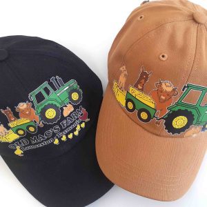 daek blue and tan caps with old mac's farm print on them - sarah prince design
