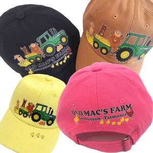 four coloured caps with old macs logos on the front