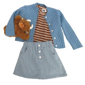 kids on trend blue denim skirt and kids on trend blue cardigan and a kids on trend stiped tshirt