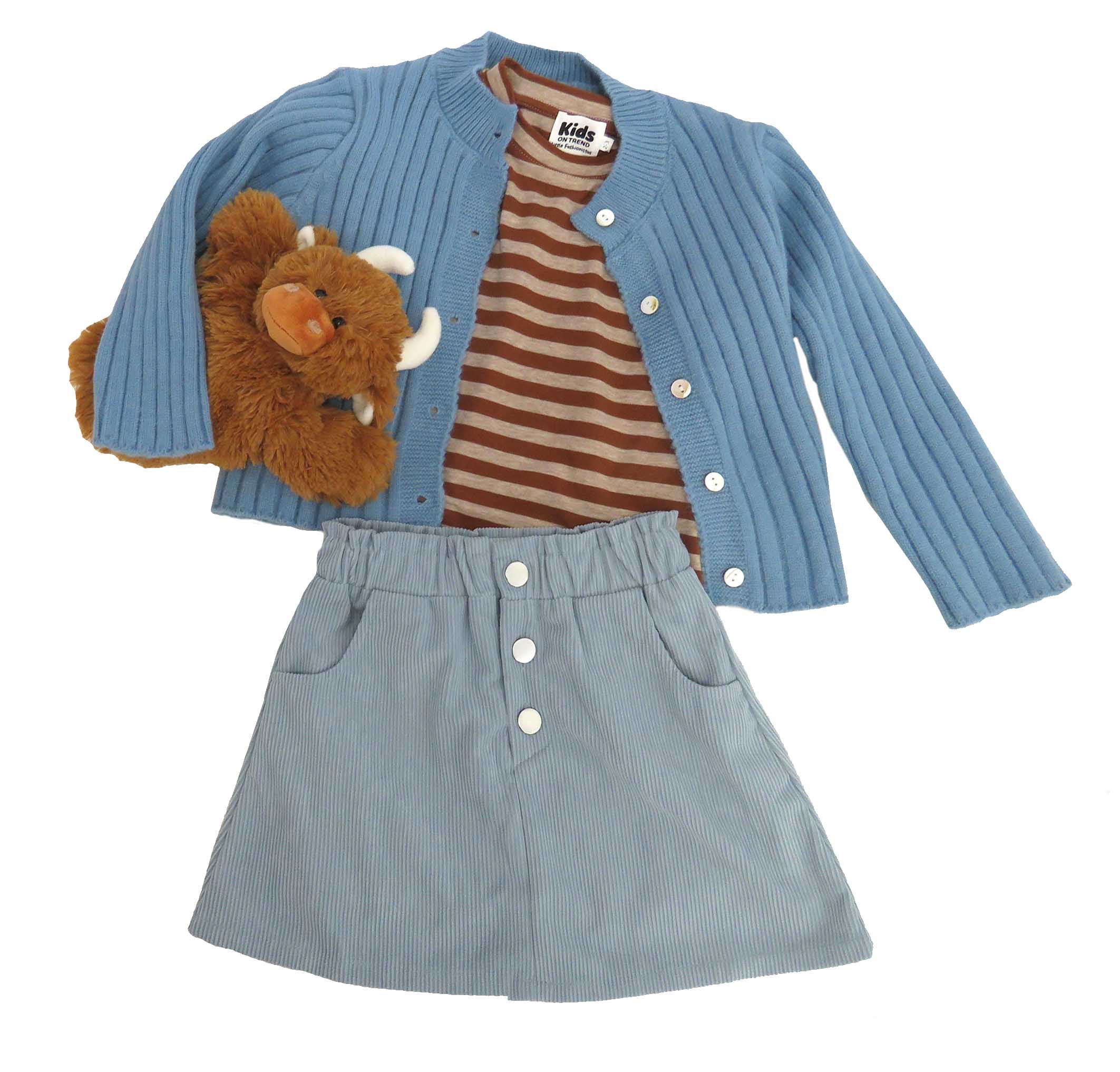 kids on trend blue denim skirt and kids on trend blue cardigan and a kids on trend stiped tshirt