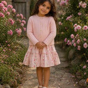 a little girl in a garden wearing a kids on trend shell pink cardigan