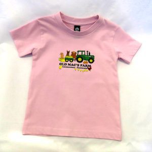 pale pink tshirt with old mac's farm logo on it - sarah prince design