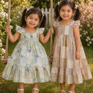 twin girls dressed in kids on trend patchwork summer dresses