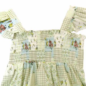 kids on trend patchwork printed dress in yellow, green & blue - detail of bodice and straps