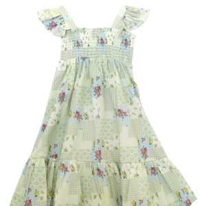 kids on trend patchwork printed dress in yellow, green & blue - back view