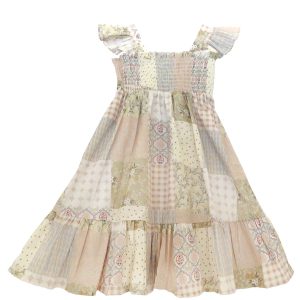 kids on trend patchwork printed dress in pink and brown front view