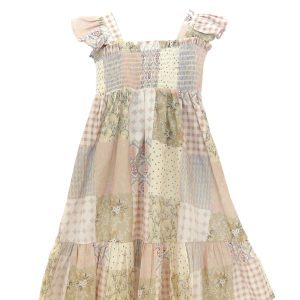 kids on trend patchwork printed dress in pink and brown back view