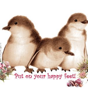tshirt print - 3 baby penguins with flowers and shells - text reads put on your happy feet!