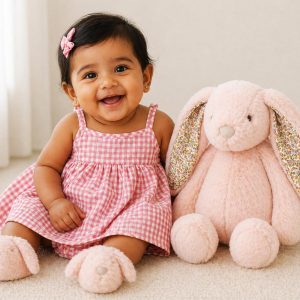 baby wearing a kids on trend pink and white checked dress beside a pink bunny