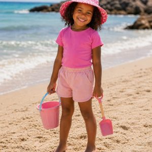 girl in a pink top, pink shorts and pink sunhat on a beach