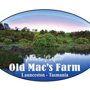 Old Mac oval sticker - fog rainbow over the farm