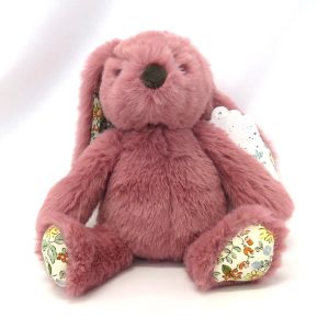 small raspberry pink bunny rattle with floral ears front view