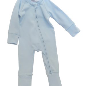 kids on trend blue organic cotton romper with full length zip undone front view