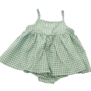kids on trend green and white checked romper dress back view