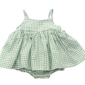 kids on trend green and white checked romper dress back view