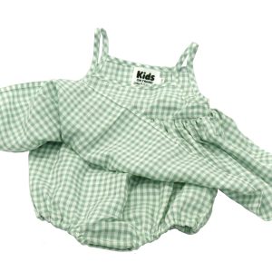 kids on trend green and white checked romper dress front view showing under section