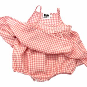 kids on trend pink and white checked romper dress front view showing under section