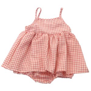 kids on trend pink and white checked romper dress back view