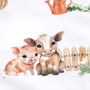 snuggle hunny baby romper with short sleeves and a farm design - detailed view of a cow and a piggie!