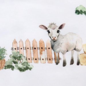 snuggle hunny baby romper with short sleeves and a farm design - detailed view of a sheep and some carrots!