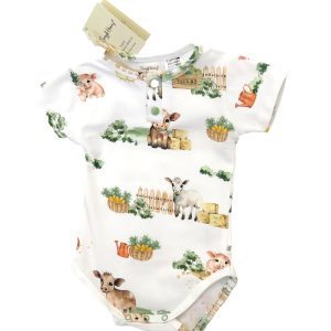 snuggle hunny baby romper with short sleeves featuring a farm design back view