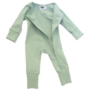 kids on trend baby romper in a soft sea green unzipped