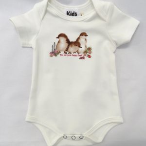 white baby romper with fariy penguin print text reads - put on your happy feet
