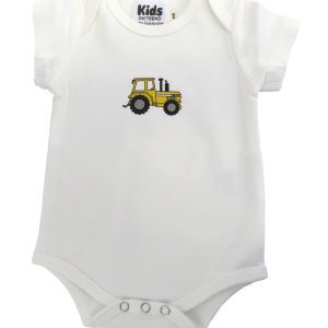 white baby romper with yellow tractor printed on it