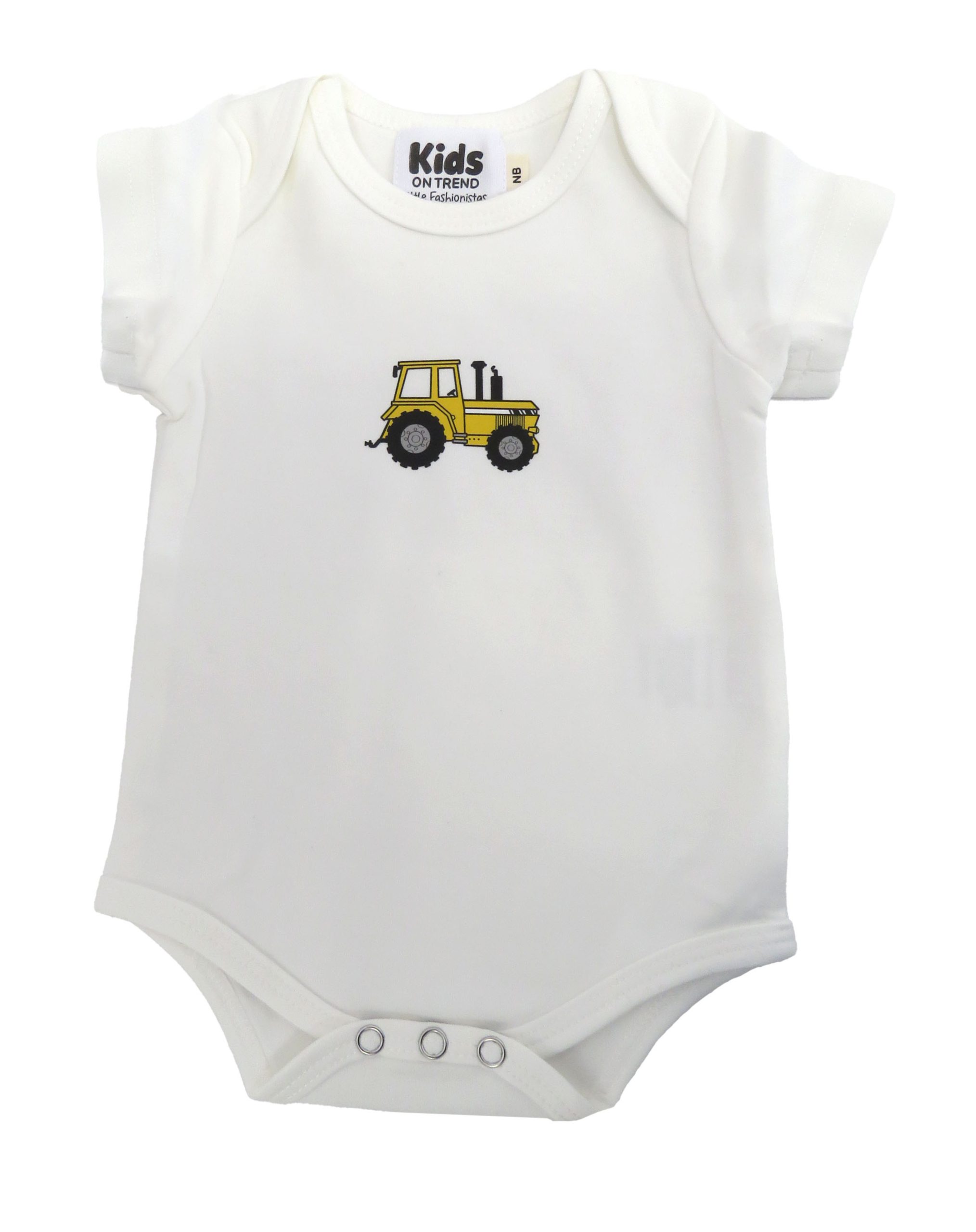 white baby romper with yellow tractor printed on it