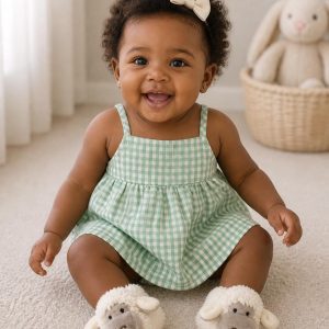 baby wearing a kids on trend green and white checked dress and happy bunny booties