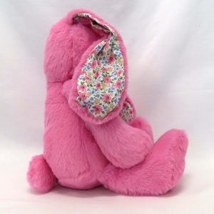 sherbet pink plsuh bunny with floral ears side view